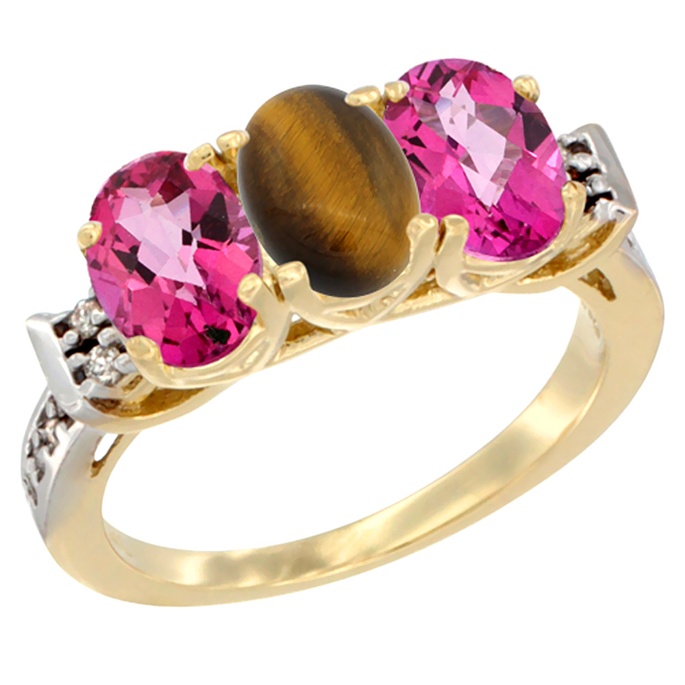 10K Yellow Gold Natural Tiger Eye & Pink Topaz Sides Ring 3-Stone Oval 7x5 mm Diamond Accent, sizes 5 - 10