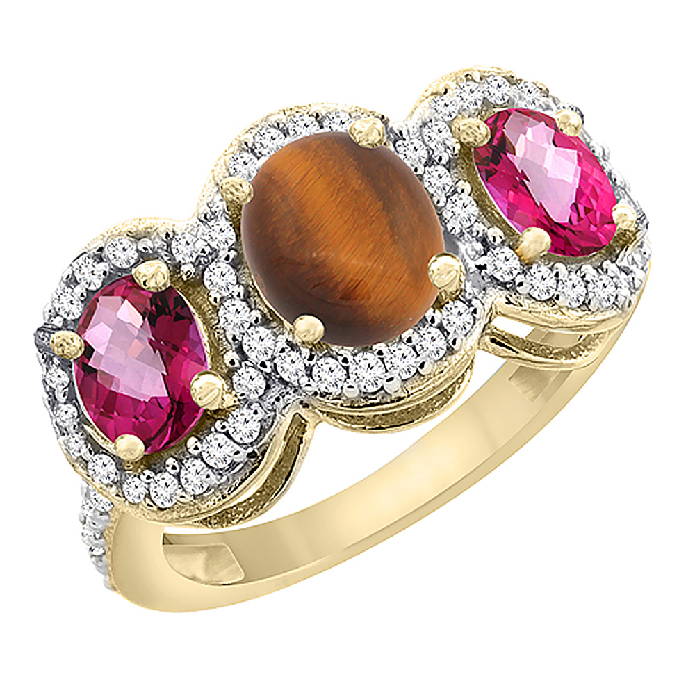 14K Yellow Gold Natural Tiger Eye & Pink Topaz 3-Stone Ring Oval Diamond Accent, sizes 5 - 10