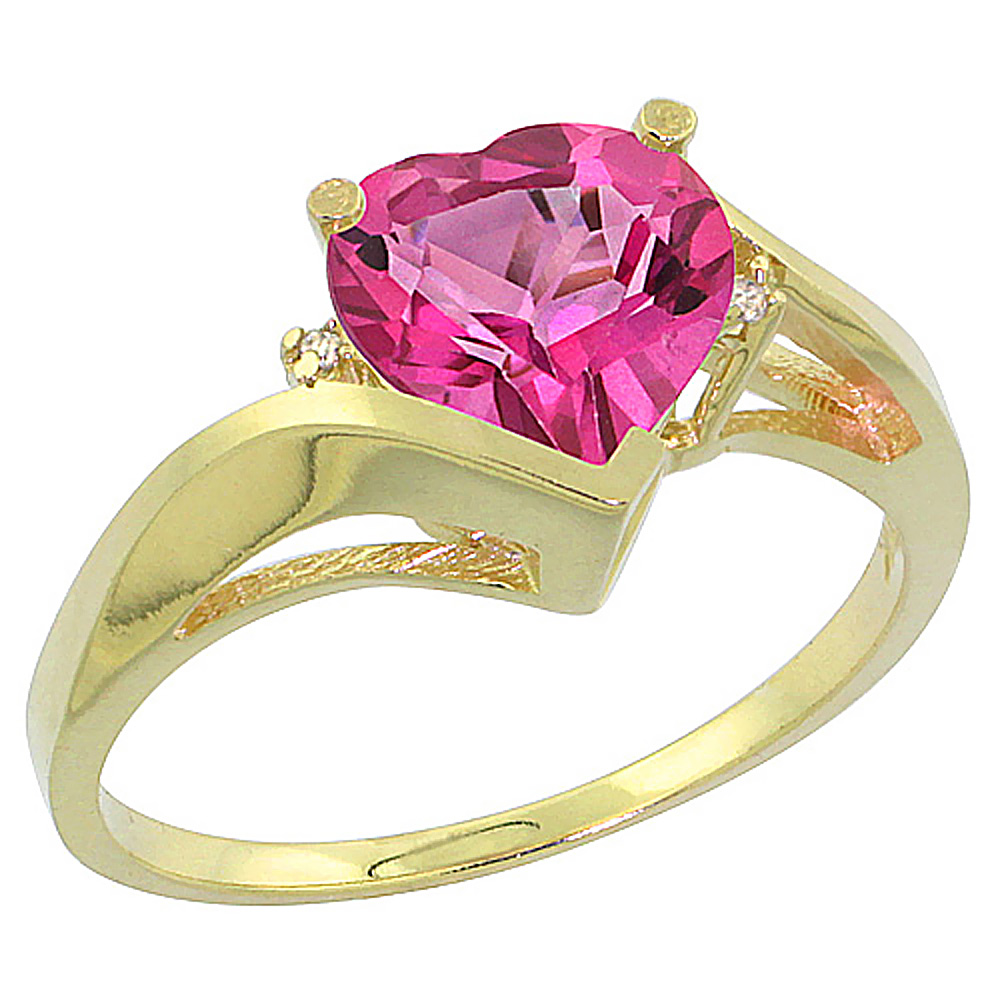 10K Yellow Gold Natural Pink Topaz Heart Ring 7mm Diamond Accent, sizes 5 - 10