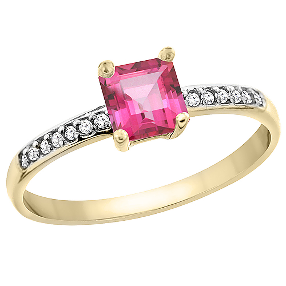 14K Yellow Gold Natural Pink Topaz Ring Octagon 7x5 mm Diamond Accents