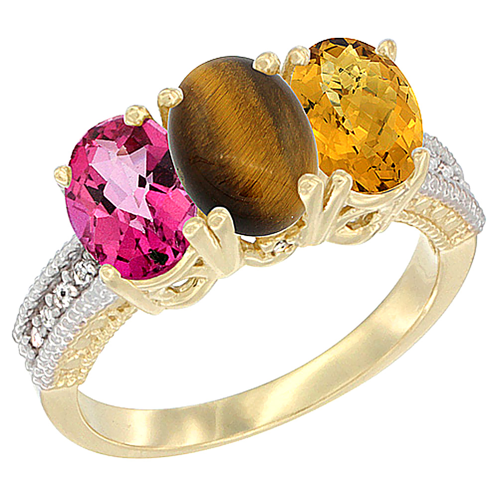 10K Yellow Gold Diamond Natural Pink Topaz, Tiger Eye &amp; Whisky Quartz Ring 3-Stone 7x5 mm Oval, sizes 5 - 10