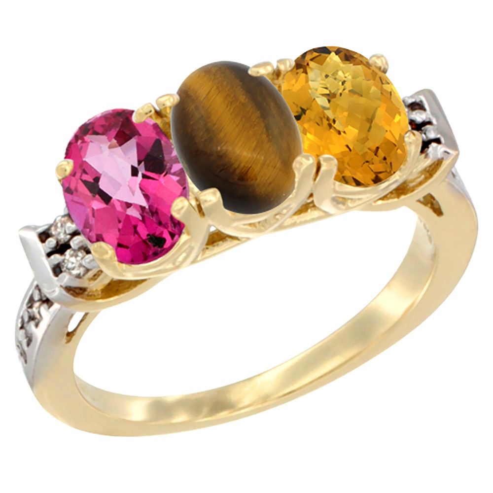 10K Yellow Gold Natural Pink Topaz, Tiger Eye &amp; Whisky Quartz Ring 3-Stone Oval 7x5 mm Diamond Accent, sizes 5 - 10