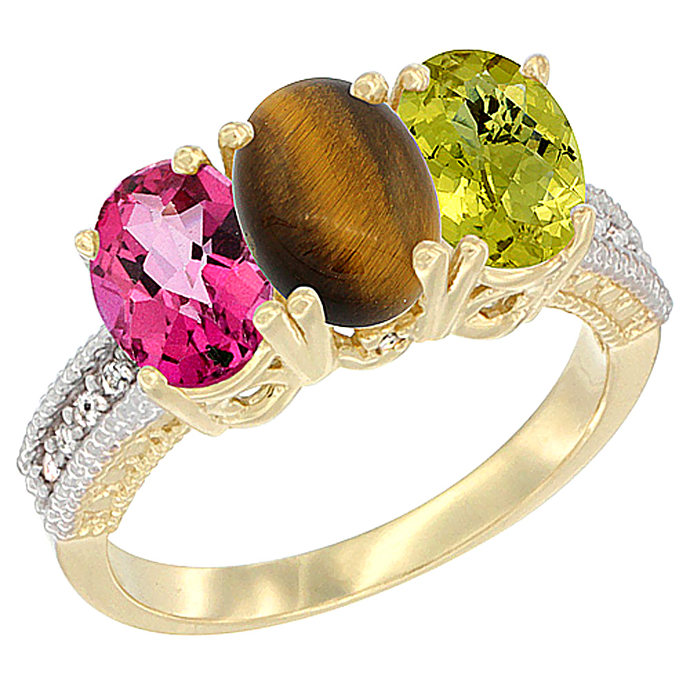10K Yellow Gold Diamond Natural Pink Topaz, Tiger Eye &amp; Lemon Quartz Ring 3-Stone 7x5 mm Oval, sizes 5 - 10