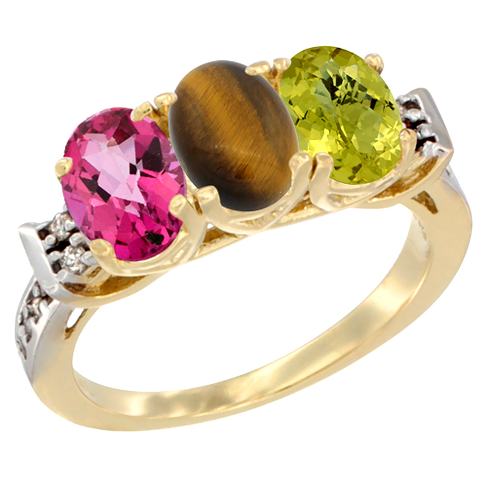 10K Yellow Gold Natural Pink Topaz, Tiger Eye &amp; Lemon Quartz Ring 3-Stone Oval 7x5 mm Diamond Accent, sizes 5 - 10