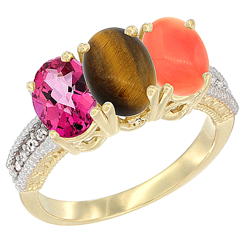 10K Yellow Gold Diamond Natural Pink Topaz, Tiger Eye &amp; Coral Ring 3-Stone 7x5 mm Oval, sizes 5 - 10