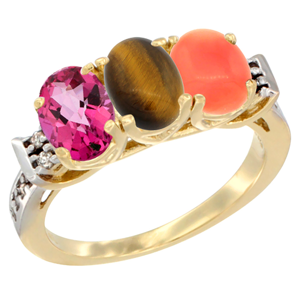 10K Yellow Gold Natural Pink Topaz, Tiger Eye & Coral Ring 3-Stone Oval 7x5 mm Diamond Accent, sizes 5 - 10