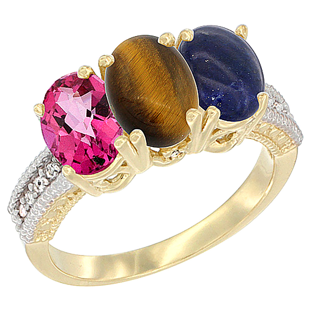 10K Yellow Gold Diamond Natural Pink Topaz, Tiger Eye &amp; Lapis Ring 3-Stone 7x5 mm Oval, sizes 5 - 10