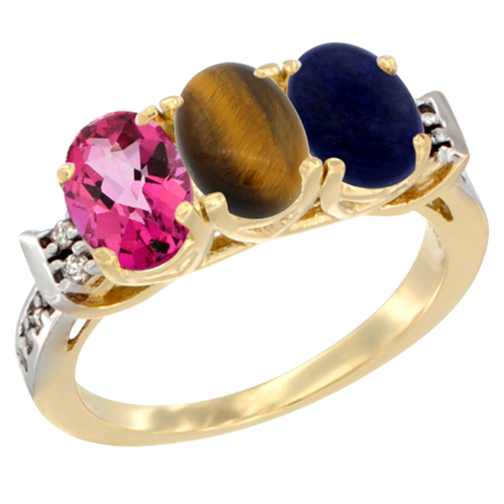 10K Yellow Gold Natural Pink Topaz, Tiger Eye & Lapis Ring 3-Stone Oval 7x5 mm Diamond Accent, sizes 5 - 10