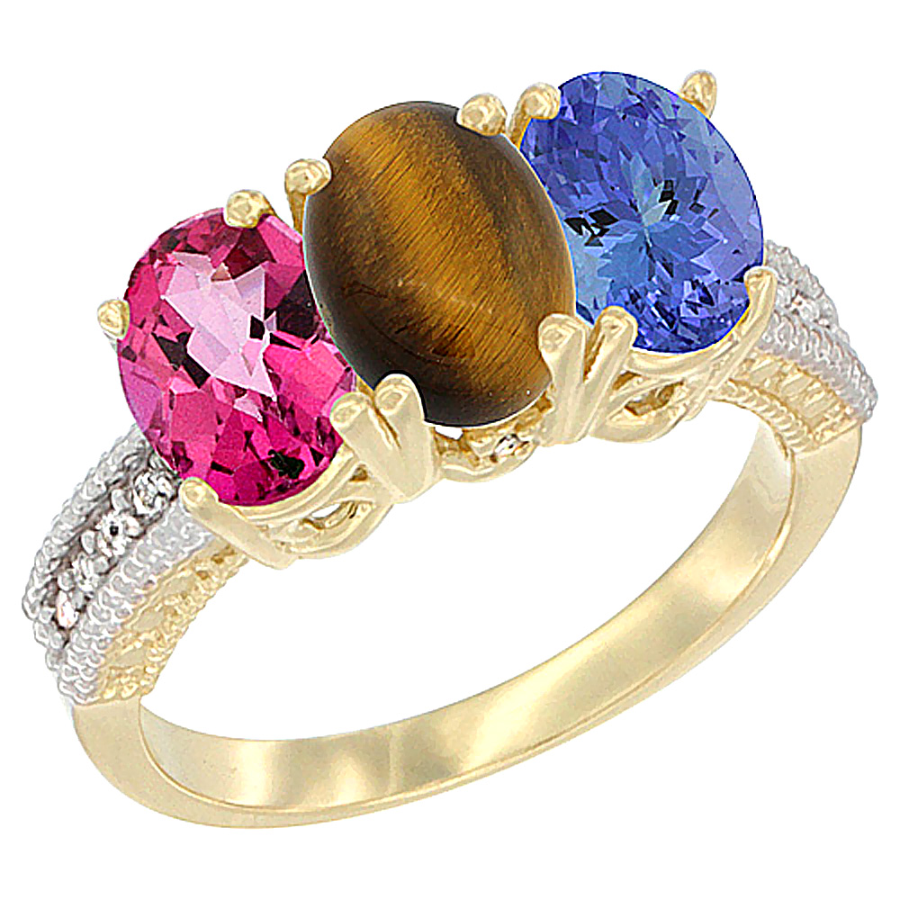 14K Yellow Gold Natural Pink Topaz, Tiger Eye & Tanzanite Ring 3-Stone 7x5 mm Oval Diamond Accent, sizes 5 - 10