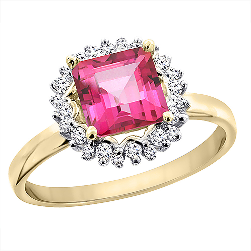14K Yellow Gold Natural Pink Topaz Ring Square 6x6 mm Diamond Accents, sizes 5 - 10