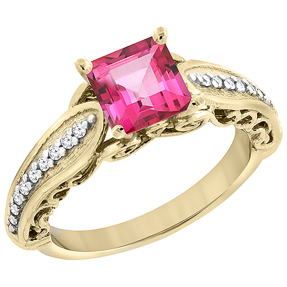 14K Yellow Gold Natural Pink Topaz Ring Square 8x8mm with Diamond Accents, sizes 5 - 10