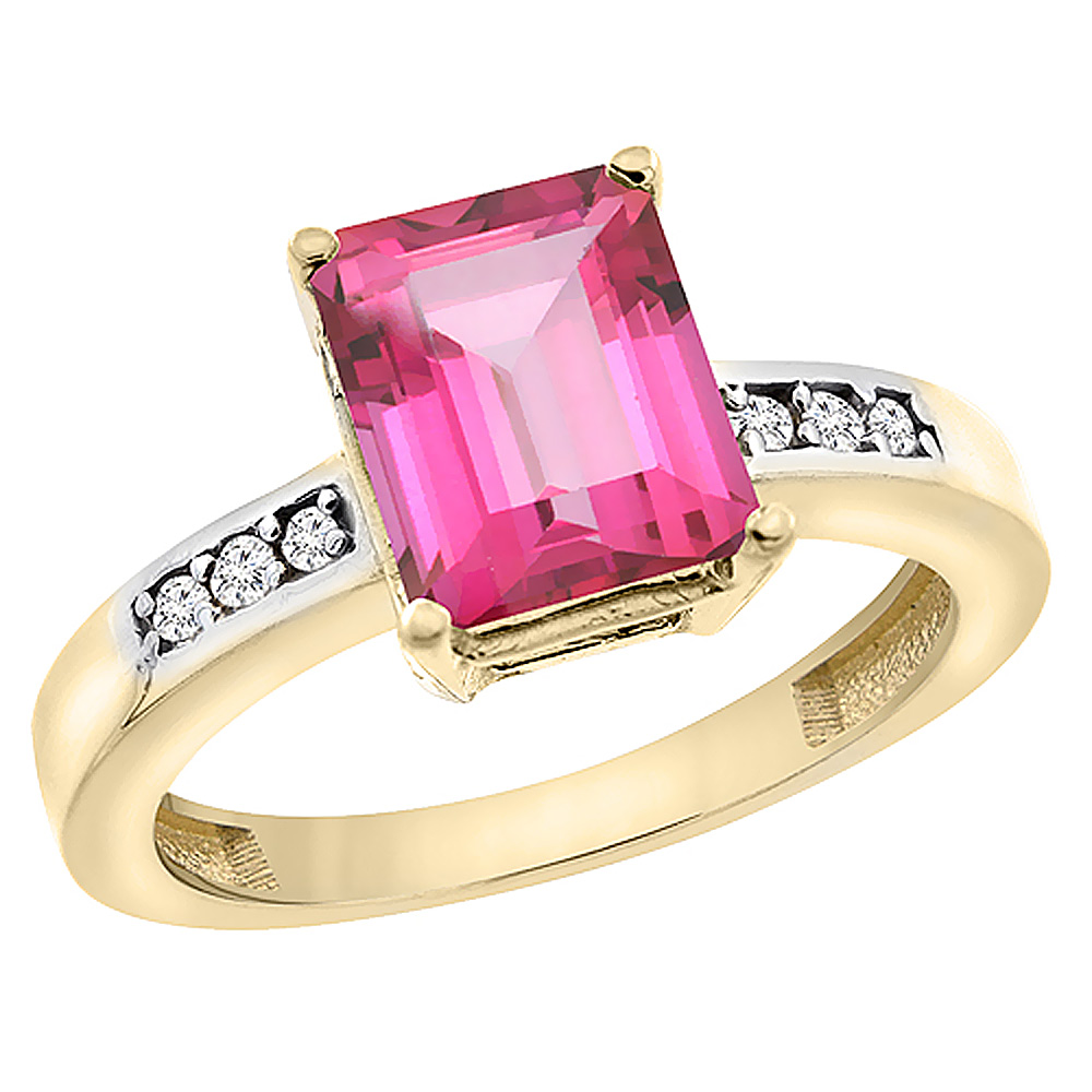 10K Yellow Gold Natural Pink Topaz Octagon 9x7 mm with Diamond Accents, sizes 5 - 10