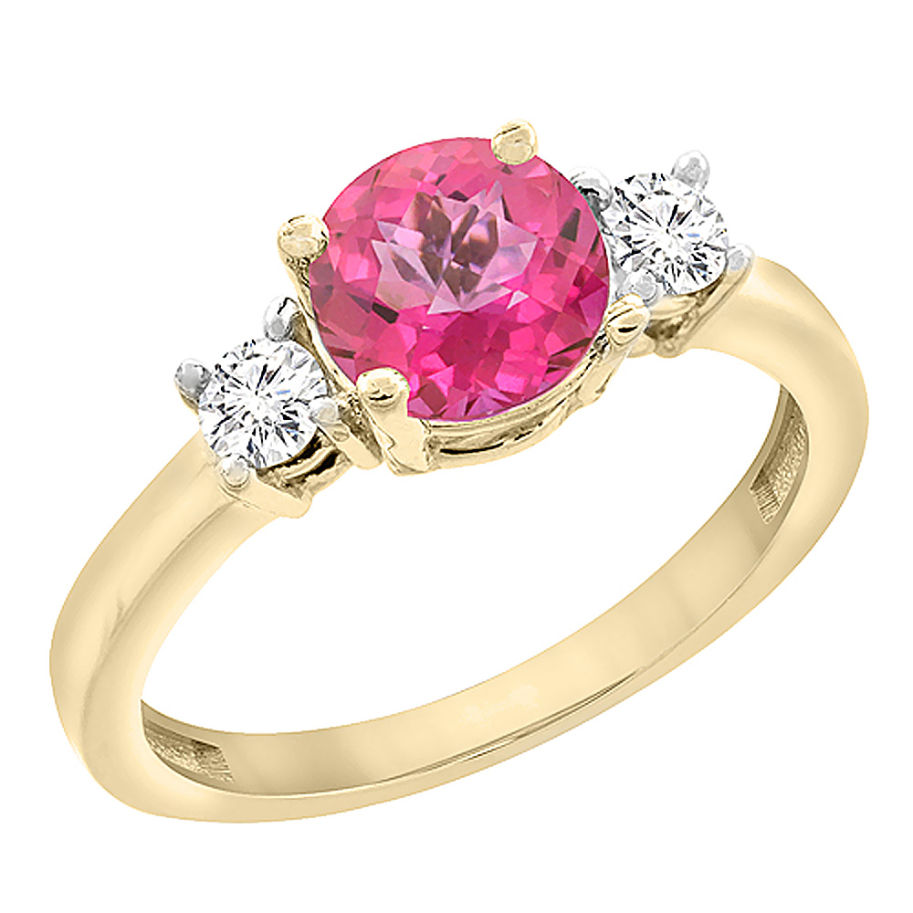 14K Yellow Gold Diamond Natural Pink Topaz Engagement Ring Round 7mm, sizes 5 to 10 with half sizes