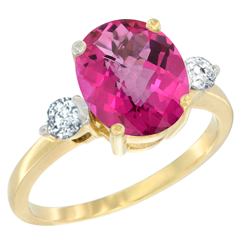 14K Yellow Gold 10x8mm Oval Natural Pink Topaz Ring for Women Diamond Side-stones sizes 5 - 10
