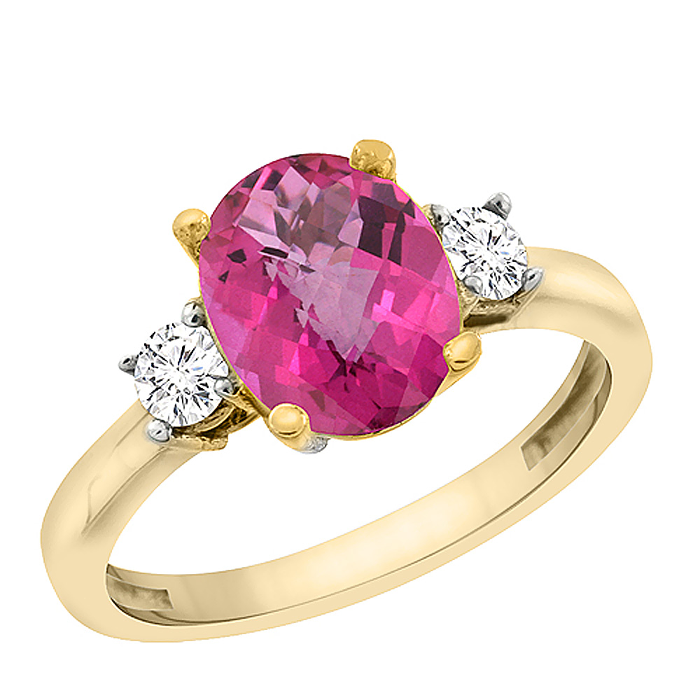 10K Yellow Gold Natural Pink Topaz Engagement Ring Oval 10x8 mm Diamond Sides, sizes 5 - 10