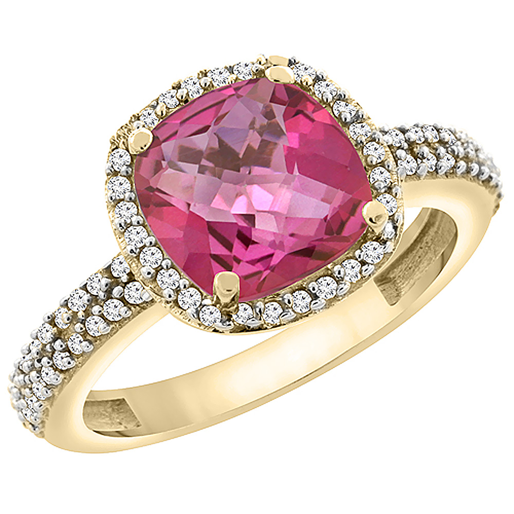 14K Yellow Gold Natural Pink Topaz Cushion 8x8 mm with Diamond Accents, sizes 5 - 10
