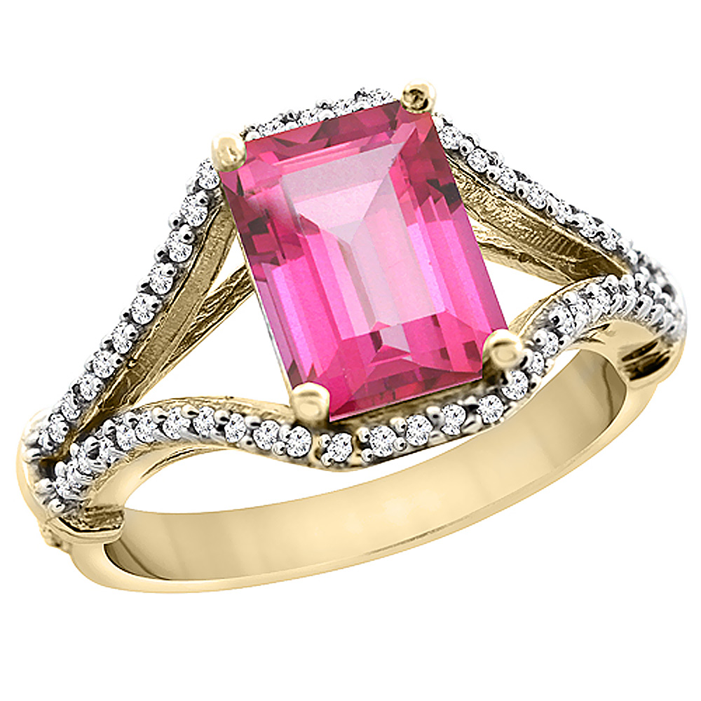10K Yellow Gold Natural Pink Topaz Ring Octagon 8x6 mm with Diamond Accents, sizes 5 - 10