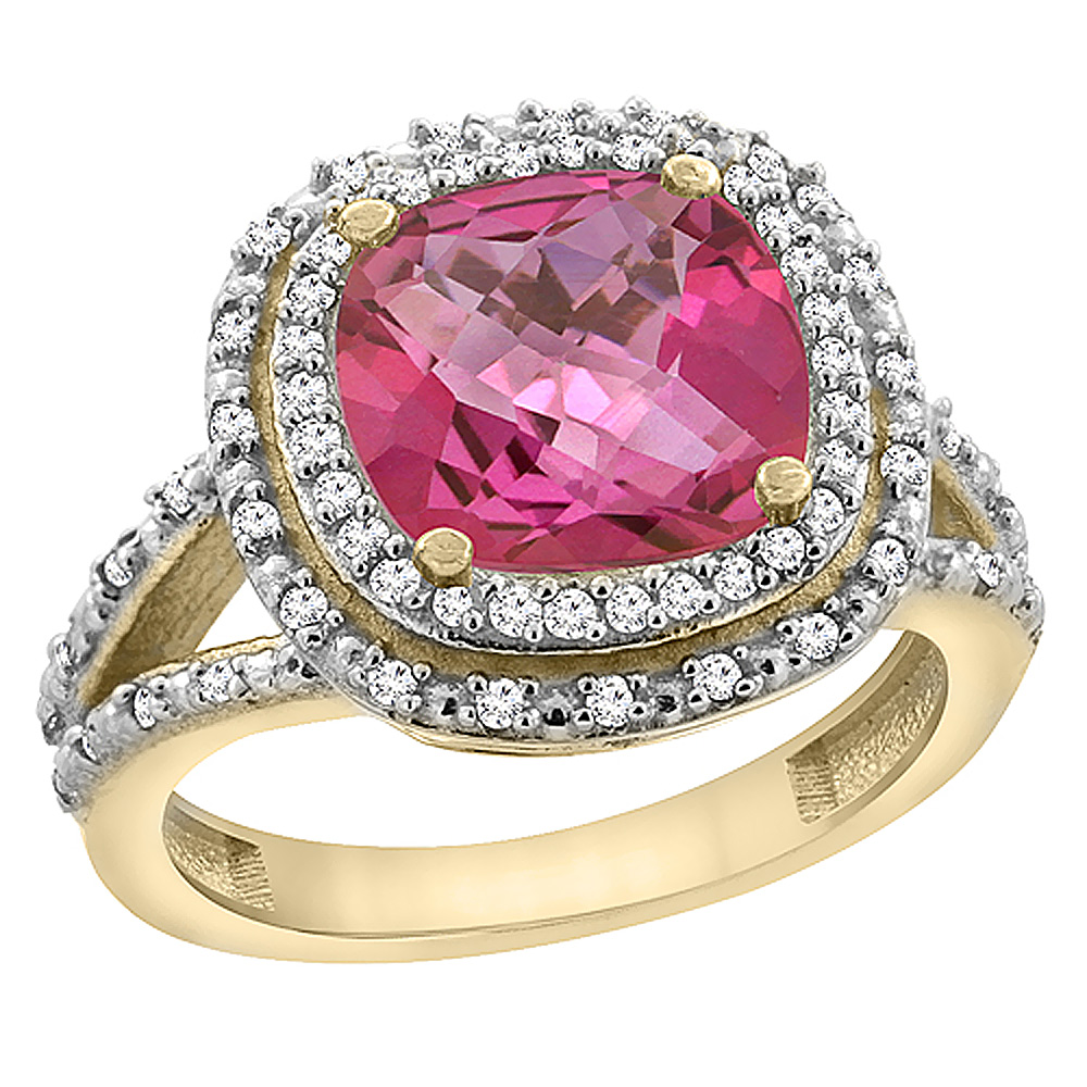 14K Yellow Gold Natural Pink Topaz Ring Cushion 8x8 mm with Diamond Accents, sizes 5 - 10