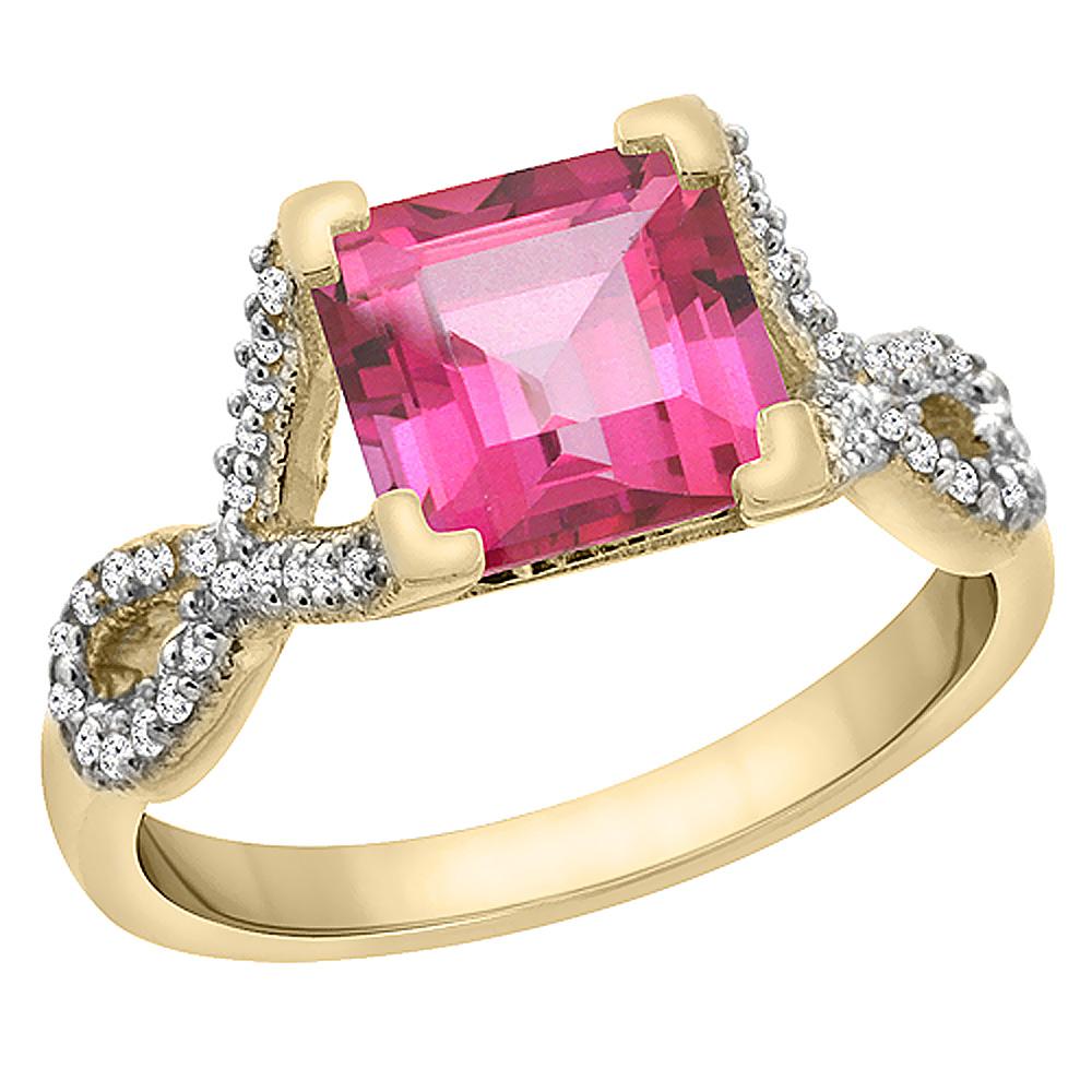 14K Yellow Gold Natural Pink Topaz Ring Square 7x7 mm Diamond Accents, sizes 5 to 10