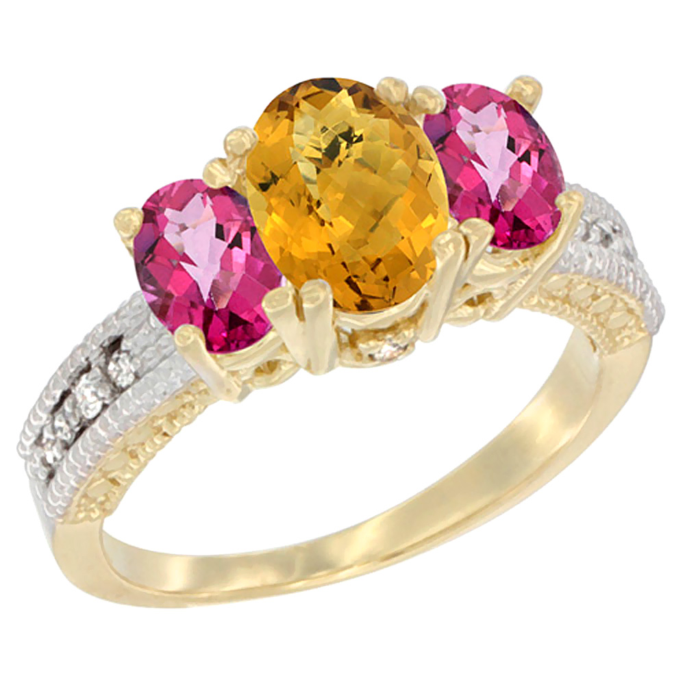 14K Yellow Gold Diamond Natural Whisky Quartz Ring Oval 3-stone with Pink Topaz, sizes 5 - 10