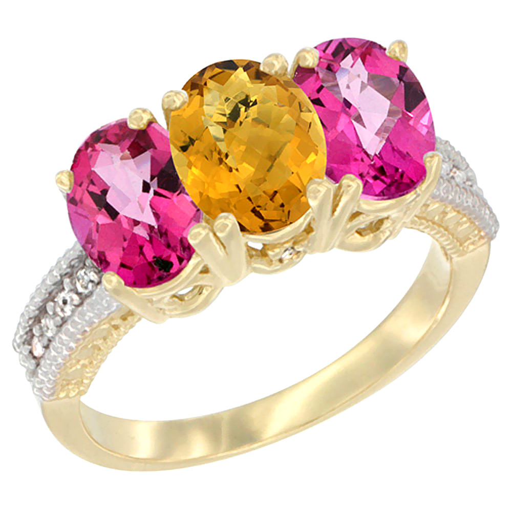 14K Yellow Gold Natural Whisky Quartz &amp; Pink Topaz Ring 3-Stone 7x5 mm Oval Diamond Accent, sizes 5 - 10