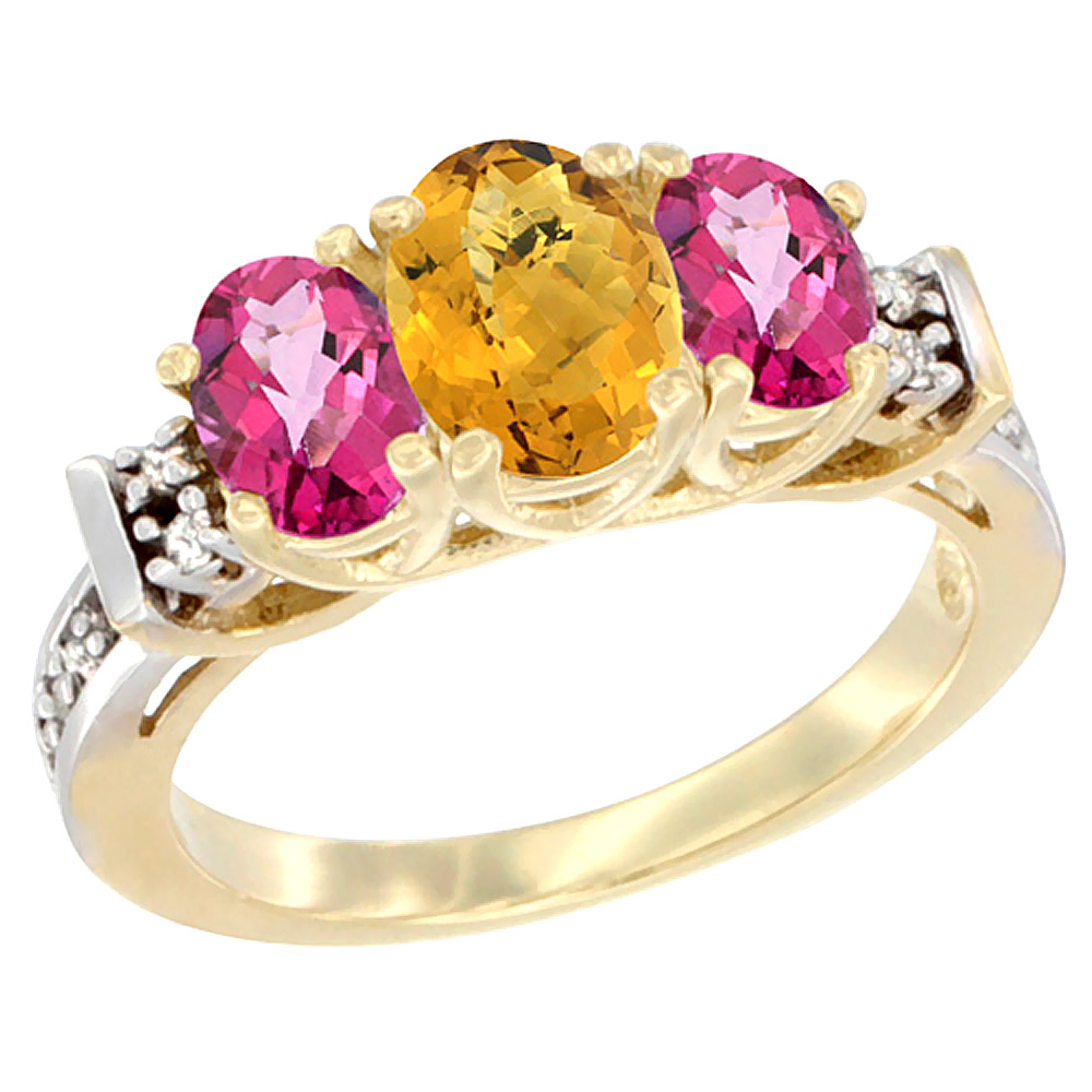 10K Yellow Gold Natural Whisky Quartz & Pink Topaz Ring 3-Stone Oval Diamond Accent