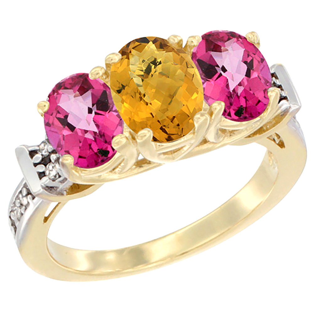 10K Yellow Gold Natural Whisky Quartz &amp; Pink Topaz Sides Ring 3-Stone Oval Diamond Accent, sizes 5 - 10