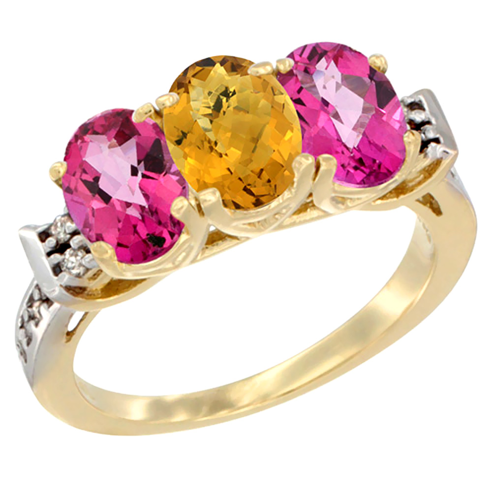 10K Yellow Gold Natural Whisky Quartz &amp; Pink Topaz Sides Ring 3-Stone Oval 7x5 mm Diamond Accent, sizes 5 - 10