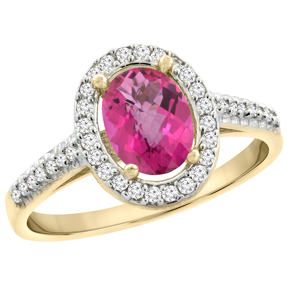 10K Yellow Gold Natural Pink Topaz Engagement Ring Oval 7x5 mm Diamond Halo, sizes 5 - 10