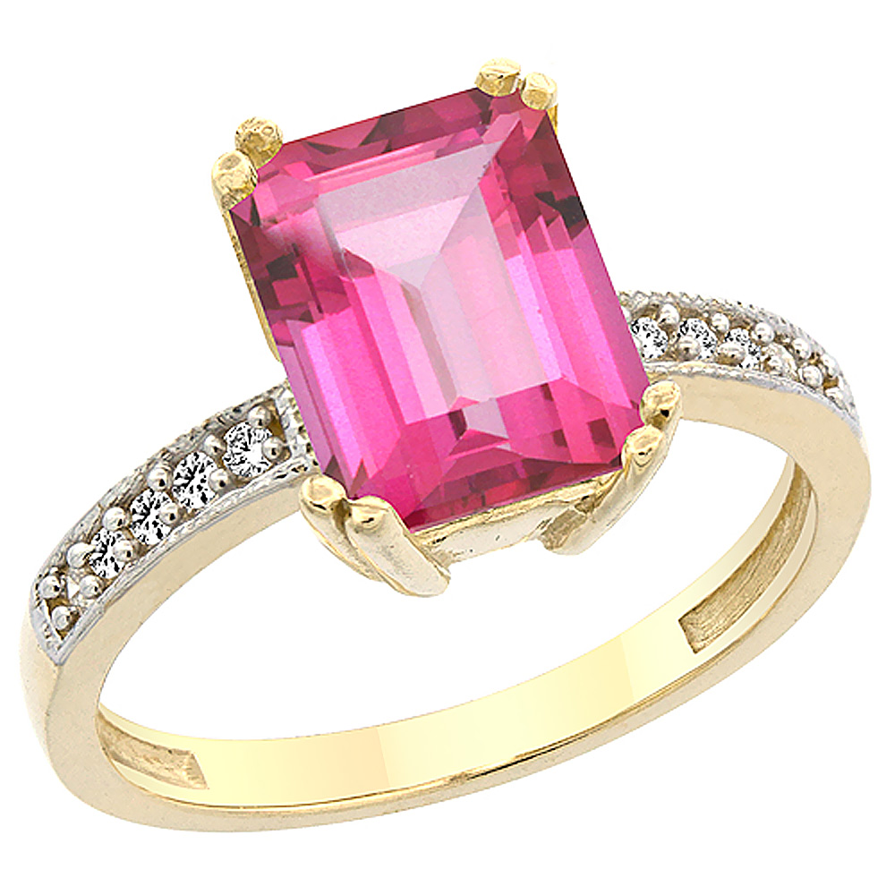 14K Yellow Gold Natural Pink Topaz Ring Octagon 10x8mm Diamond Accent, sizes 5 to 10
