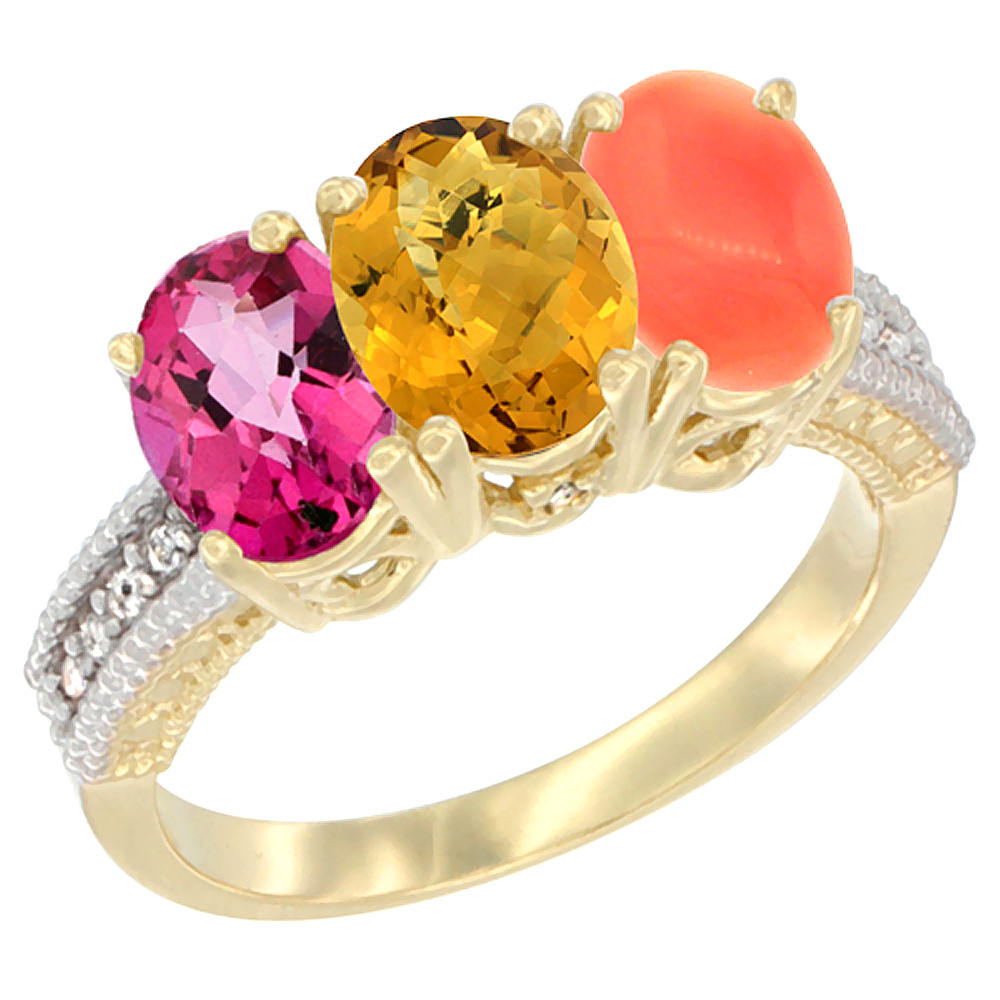 10K Yellow Gold Diamond Natural Pink Topaz, Whisky Quartz &amp; Coral Ring 3-Stone 7x5 mm Oval, sizes 5 - 10