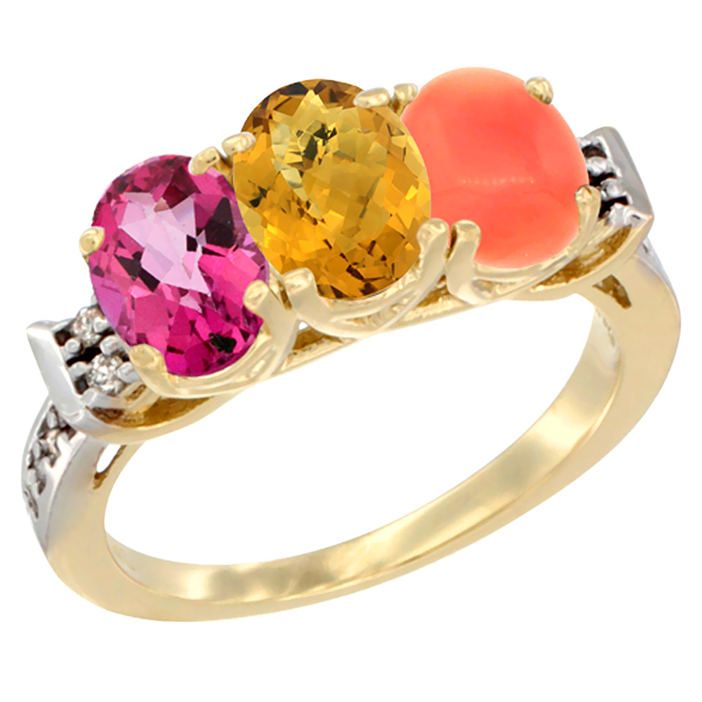 10K Yellow Gold Natural Pink Topaz, Whisky Quartz & Coral Ring 3-Stone Oval 7x5 mm Diamond Accent, sizes 5 - 10