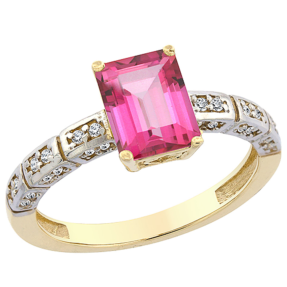 14K Yellow Gold Natural Pink Topaz Octagon 8x6 mm with Diamond Accents, sizes 5 - 10