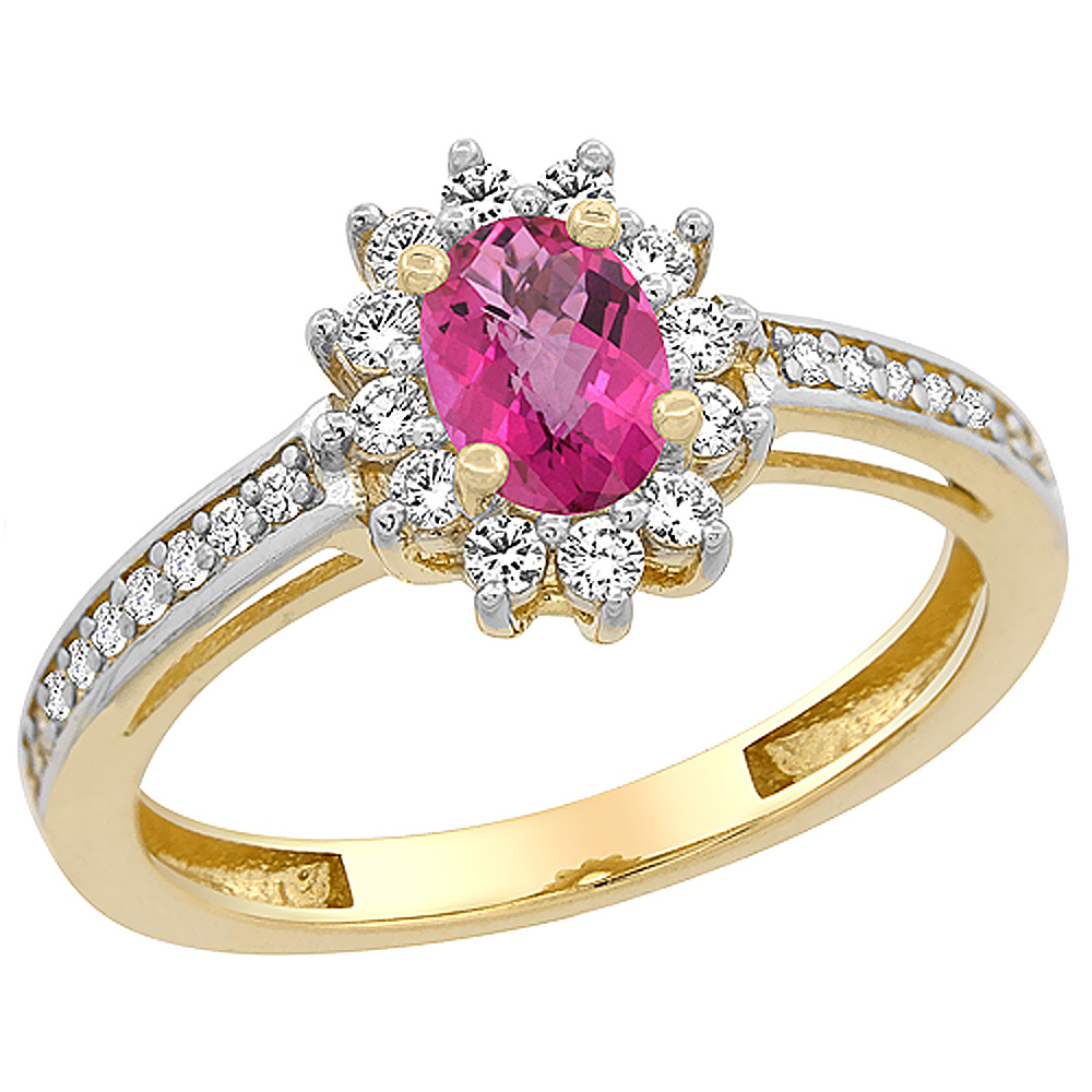 10K Yellow Gold Natural Pink Topaz Flower Halo Ring Oval 6x4 mm Diamond Accents, sizes 5 - 10
