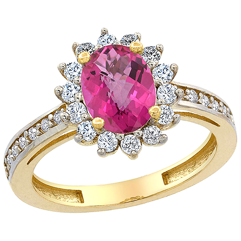 14K Yellow Gold Natural Pink Topaz Floral Halo Ring Oval 8x6mm Diamond Accents, sizes 5 - 10