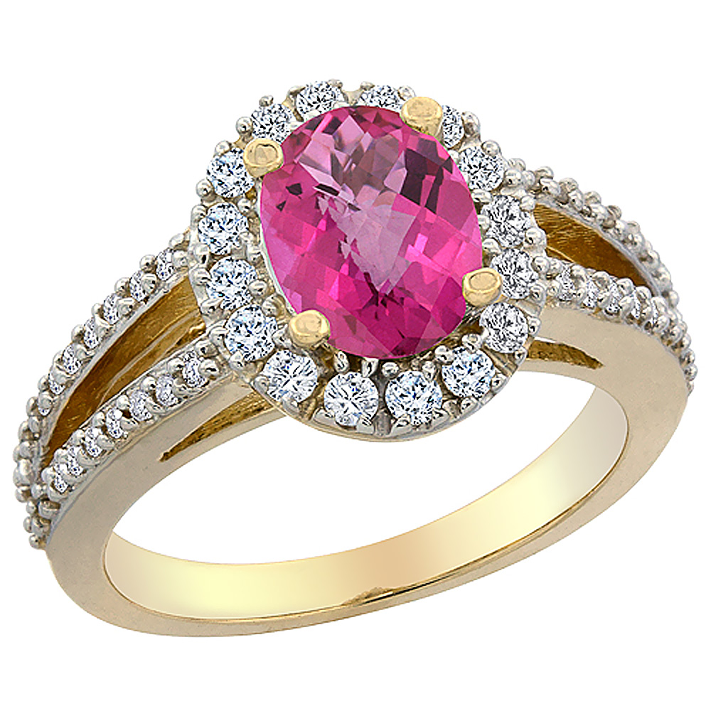 10K Yellow Gold Natural Pink Topaz Halo Ring Oval 8x6 mm with Diamond Accents, sizes 5 - 10
