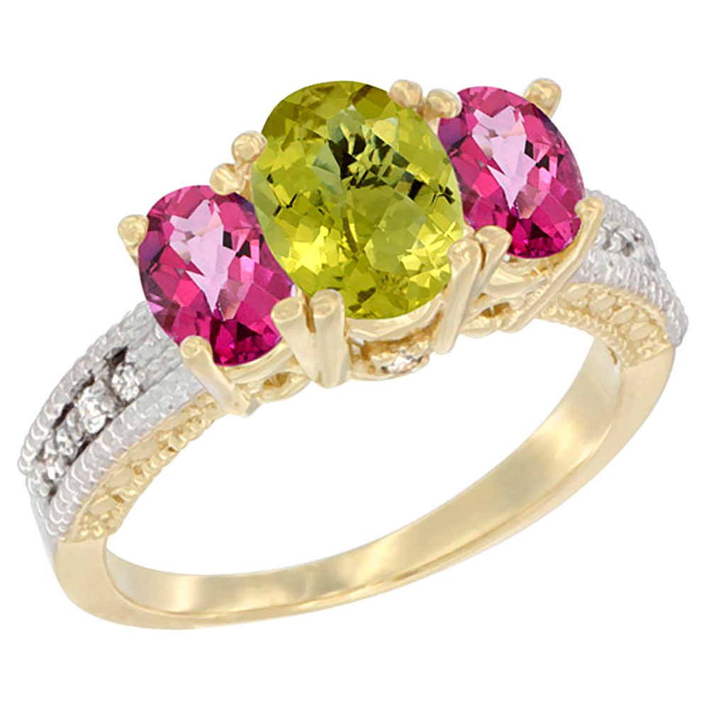 14K Yellow Gold Diamond Natural Lemon Quartz Ring Oval 3-stone with Pink Topaz, sizes 5 - 10
