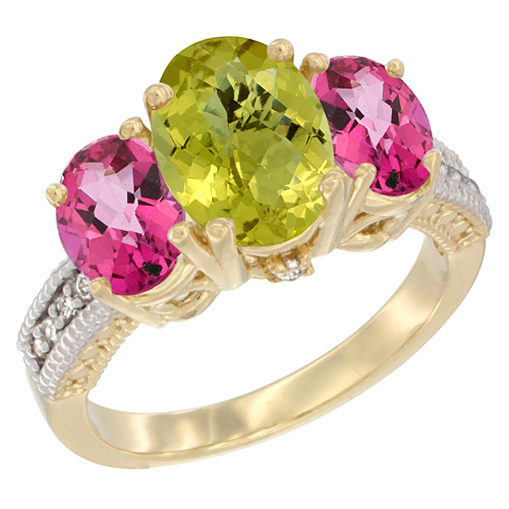 14K Yellow Gold Diamond Natural Lemon Quartz Ring 3-Stone Oval 8x6mm with Pink Topaz, sizes5-10