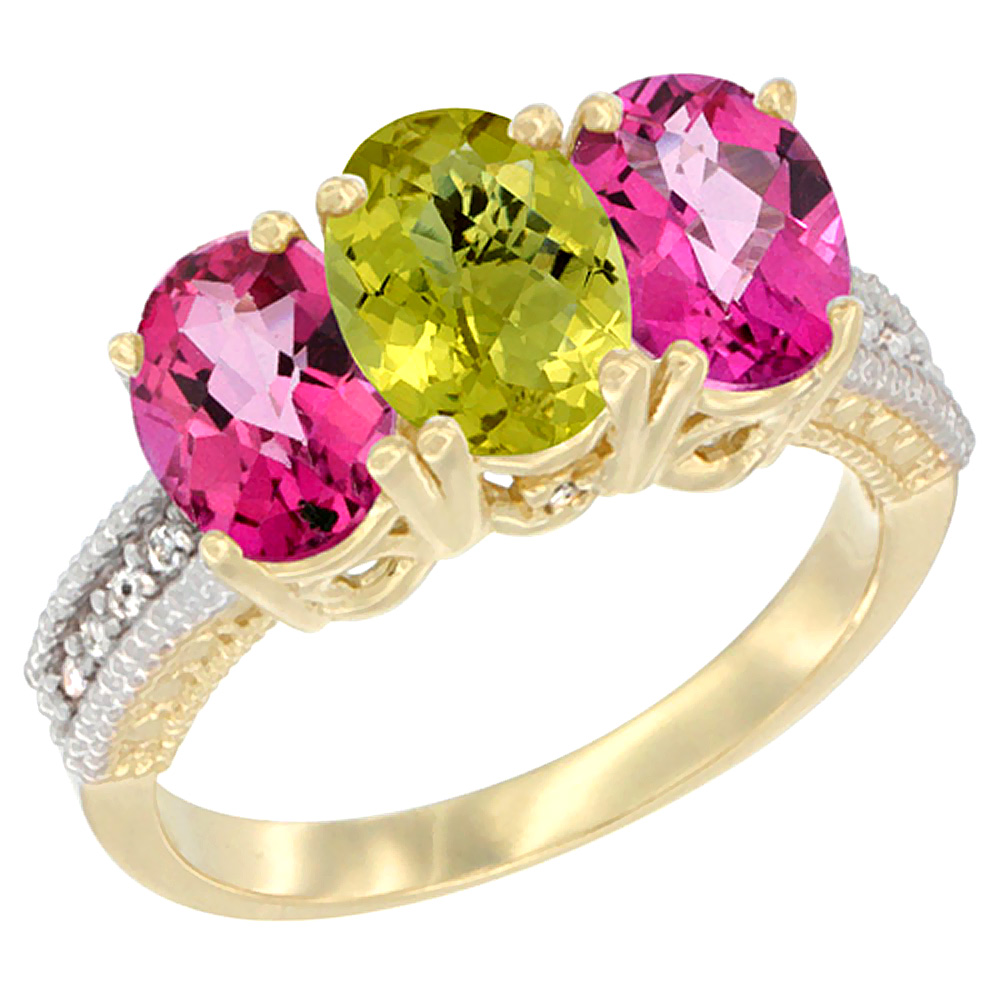 14K Yellow Gold Natural Lemon Quartz &amp; Pink Topaz Ring 3-Stone 7x5 mm Oval Diamond Accent, sizes 5 - 10