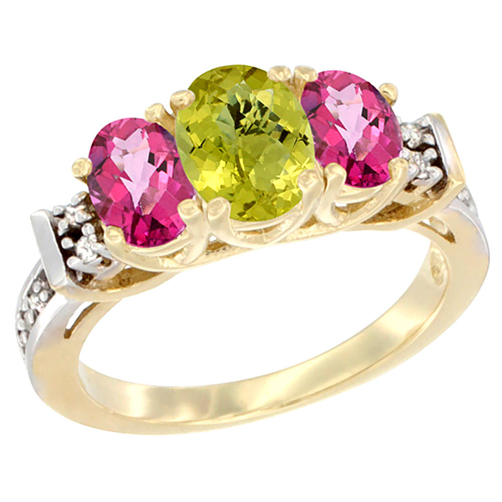 10K Yellow Gold Natural Lemon Quartz &amp; Pink Topaz Ring 3-Stone Oval Diamond Accent