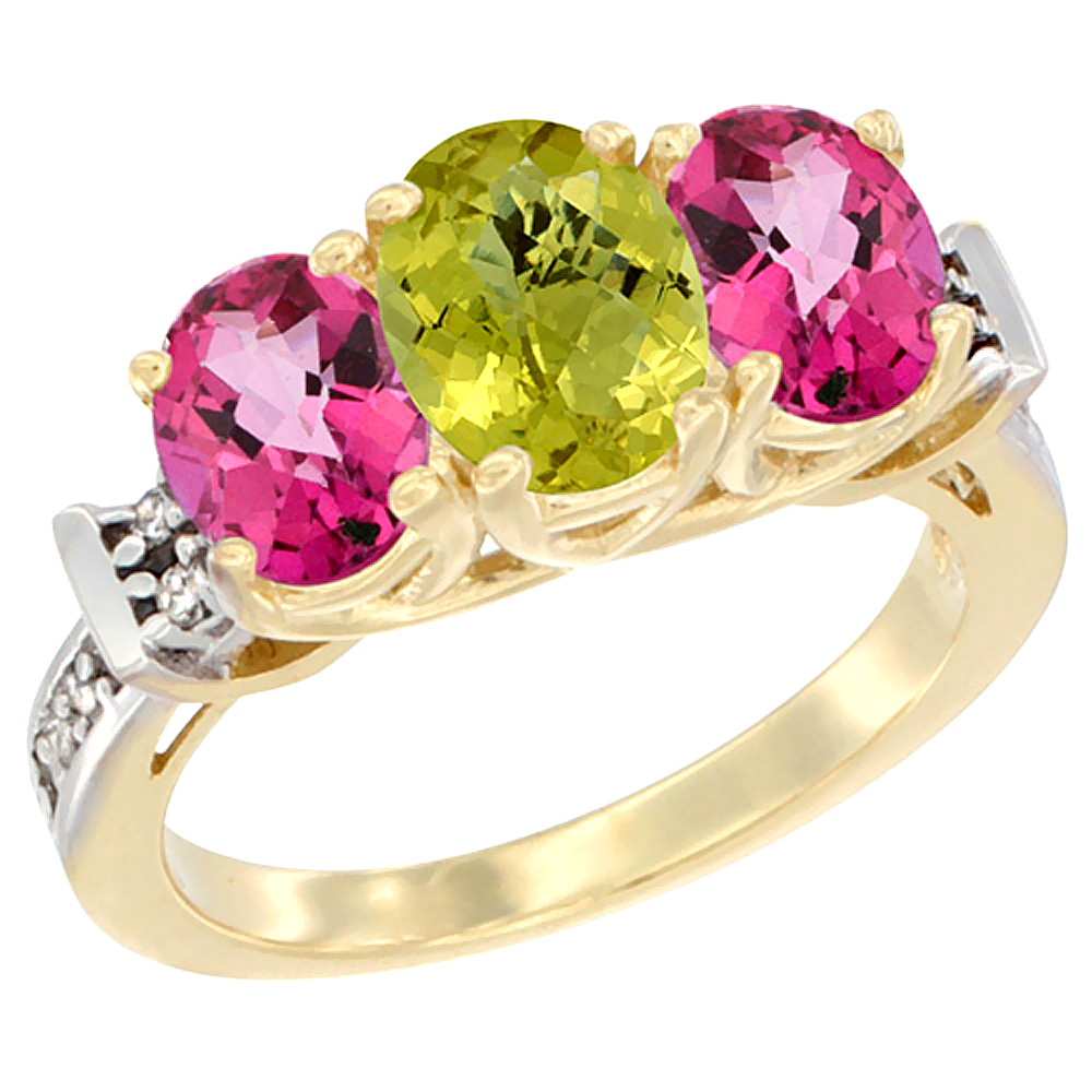 10K Yellow Gold Natural Lemon Quartz & Pink Topaz Sides Ring 3-Stone Oval Diamond Accent, sizes 5 - 10