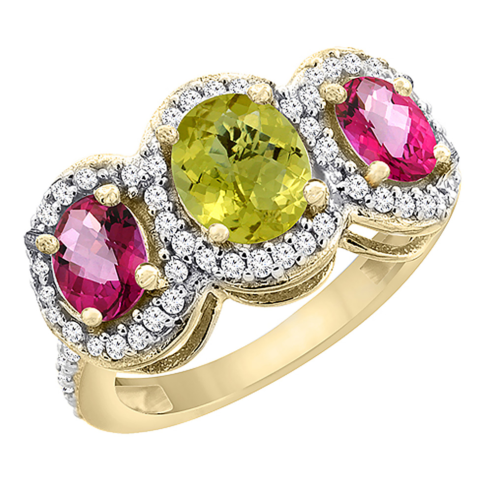 10K Yellow Gold Natural Lemon Quartz &amp; Pink Topaz 3-Stone Ring Oval Diamond Accent, sizes 5 - 10