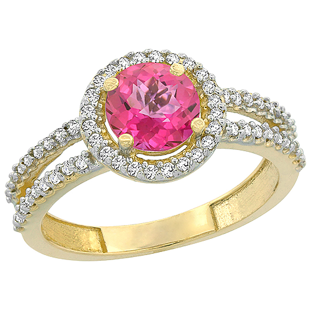 14K Yellow Gold Natural Pink Topaz Diamond Halo Ring Round 6mm, sizes 5 - 10