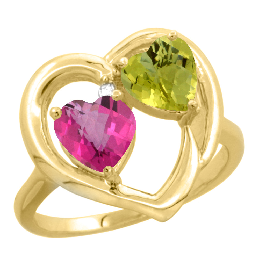 14K Yellow Gold Diamond Two-stone Heart Ring 6 mm Natural Pink Topaz & Lemon Quartz, sizes 5-10