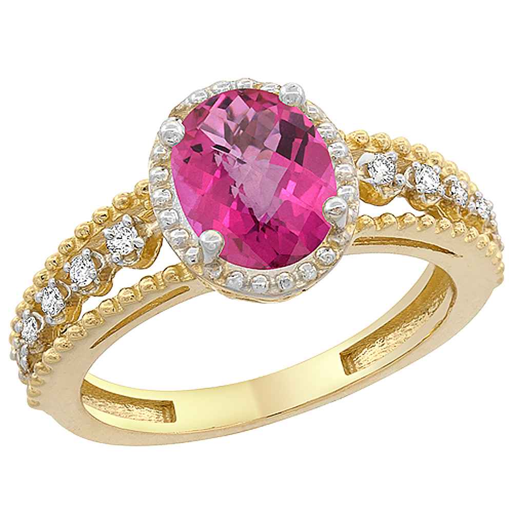 14K Yellow Gold Natural Pink Topaz Ring Oval 9x7 mm Floating Diamond Accents, sizes 5 - 10