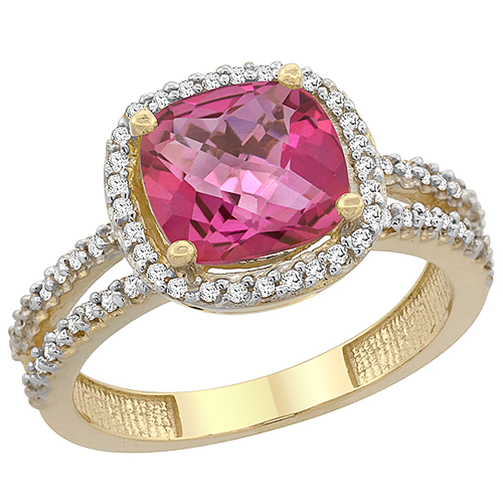 10K Yellow Gold Natural Pink Topaz Ring Cushion-cut 8x8 mm 2-row Diamond Accents, sizes 5 - 10
