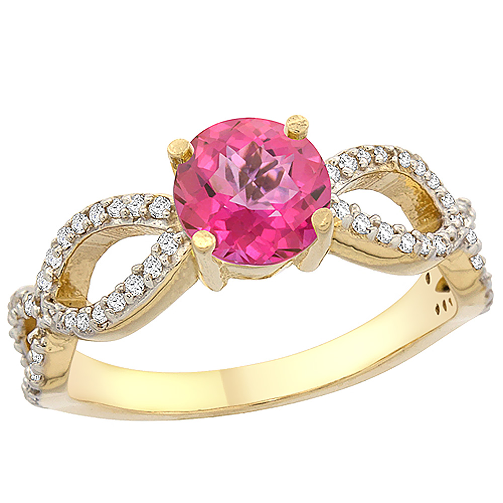 14K Yellow Gold Natural Pink Topaz Ring Round 6mm Infinity Diamond Accents, sizes 5 - 10