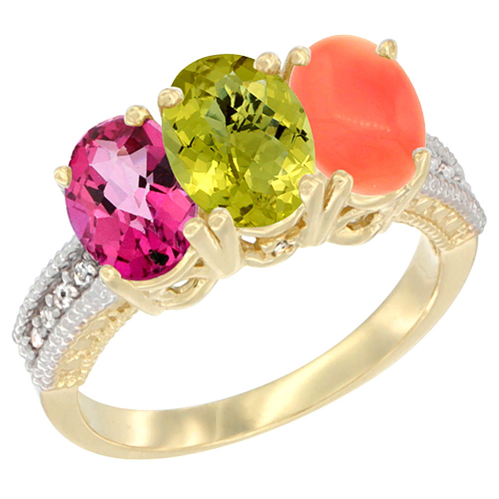 10K Yellow Gold Diamond Natural Pink Topaz, Lemon Quartz & Coral Ring 3-Stone 7x5 mm Oval, sizes 5 - 10