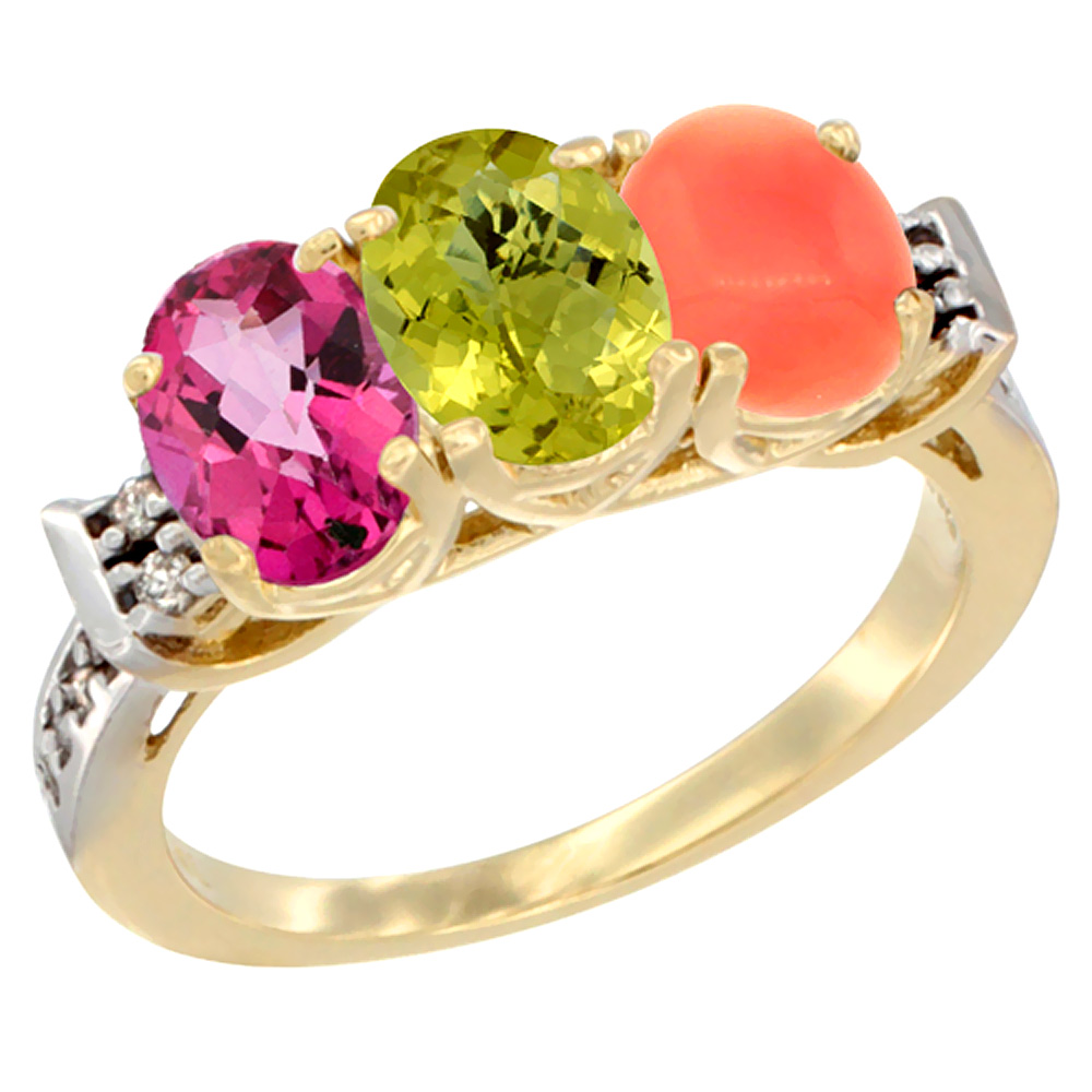14K Yellow Gold Natural Pink Topaz, Lemon Quartz &amp; Coral Ring 3-Stone Oval 7x5 mm Diamond Accent, sizes 5 - 10
