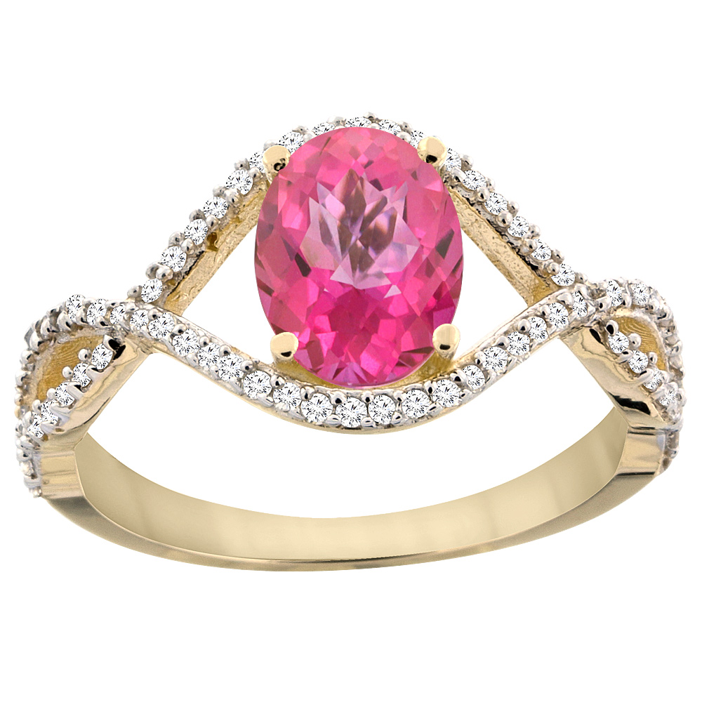 10K Yellow Gold Natural Pink Topaz Ring Oval 8x6 mm Infinity Diamond Accents, sizes 5 - 10